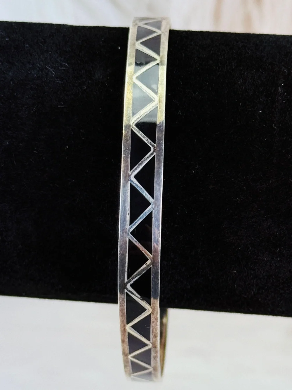 Vintage aged Silvertone and Black Geometric Bangle Bracelet